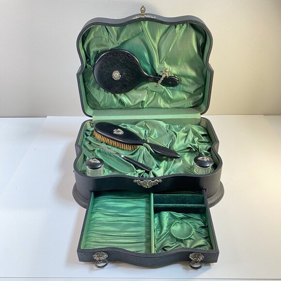 Antique Victorian Era Vanity Ebony and Silver Dresser In Leather Box - Picture 2 of 16